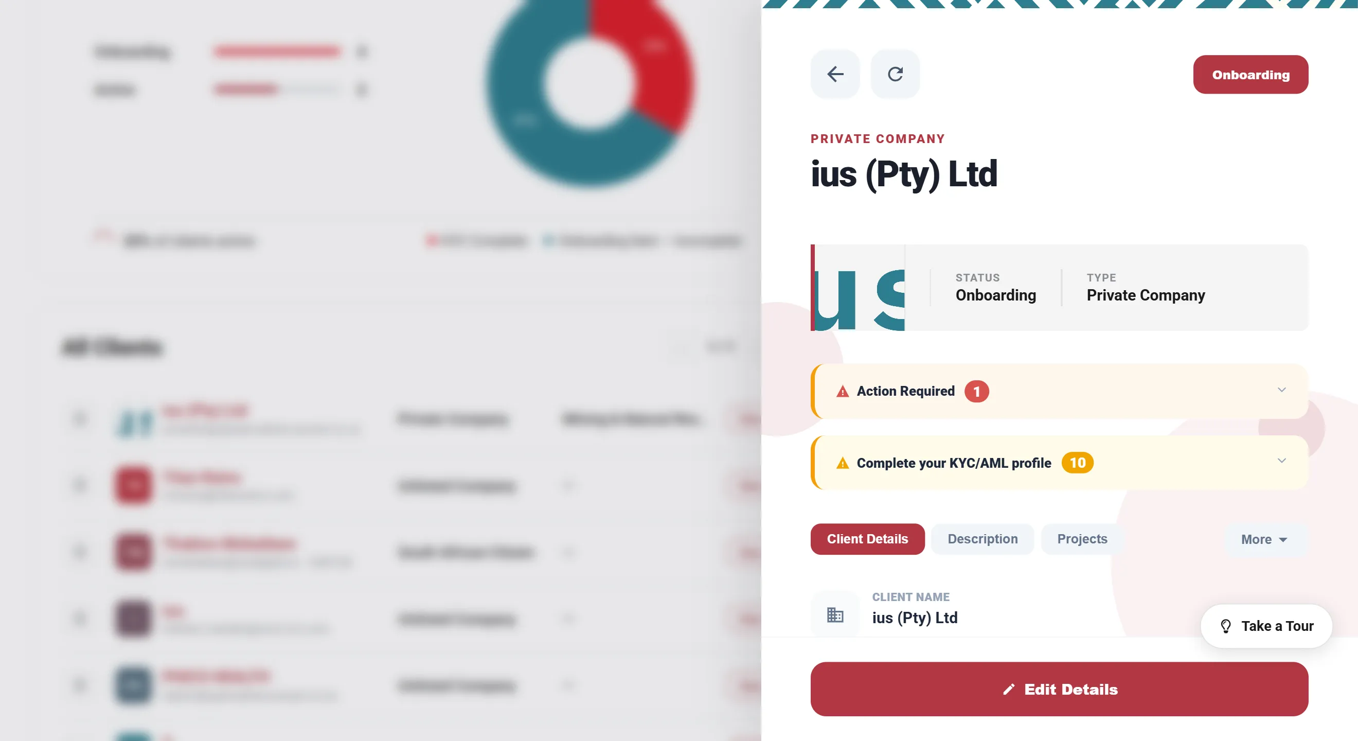 A client profile in ius.clients flagging an incomplete KYC/AML profile