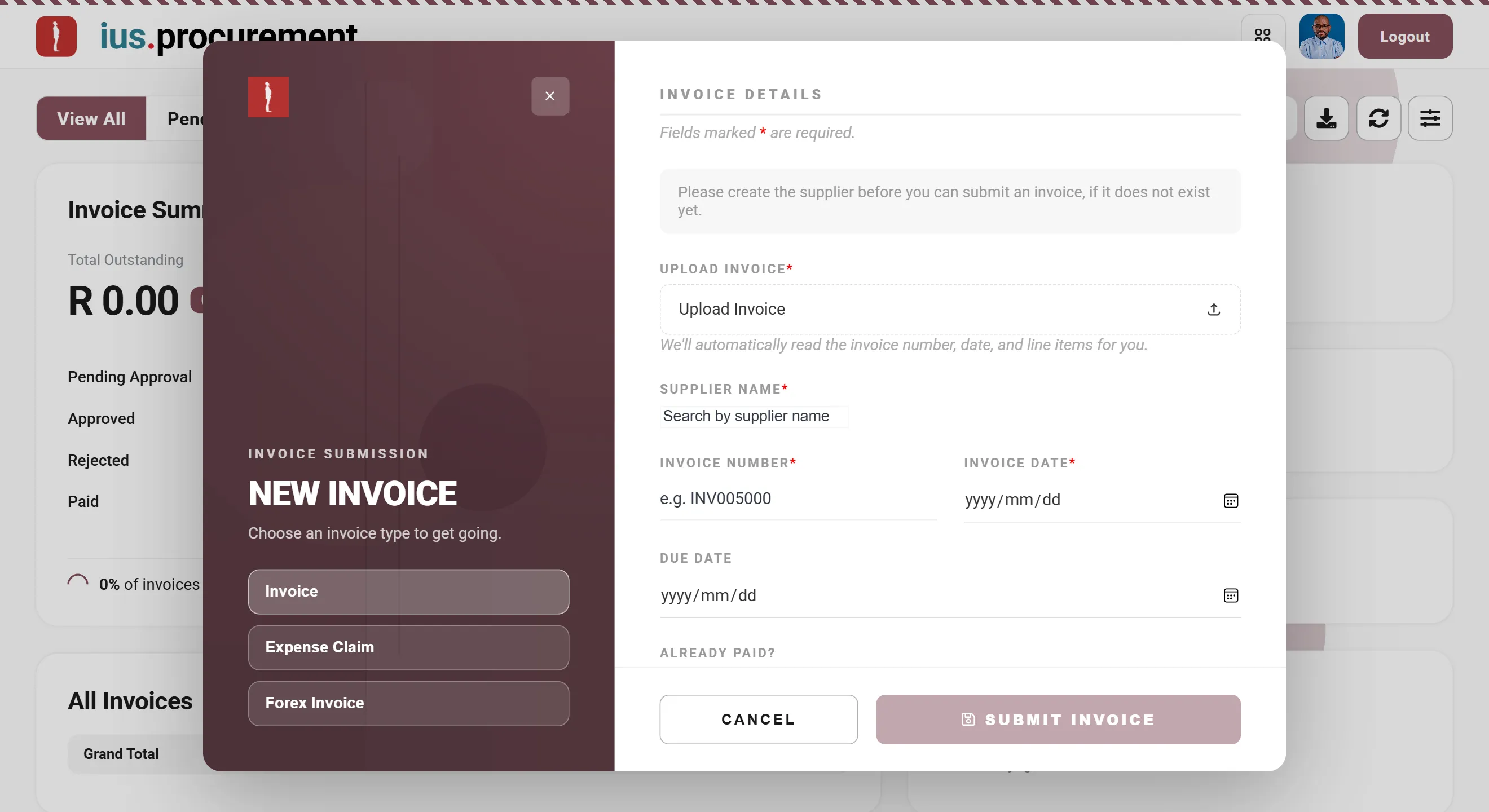 Submitting a new supplier invoice in ius.procurement