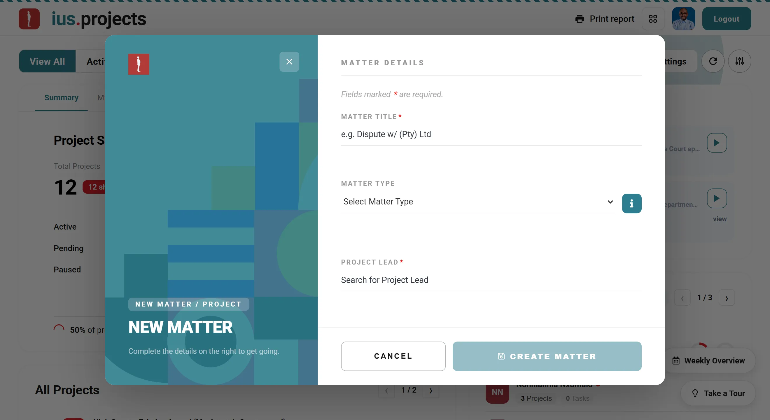 Opening a new matter in ius.projects