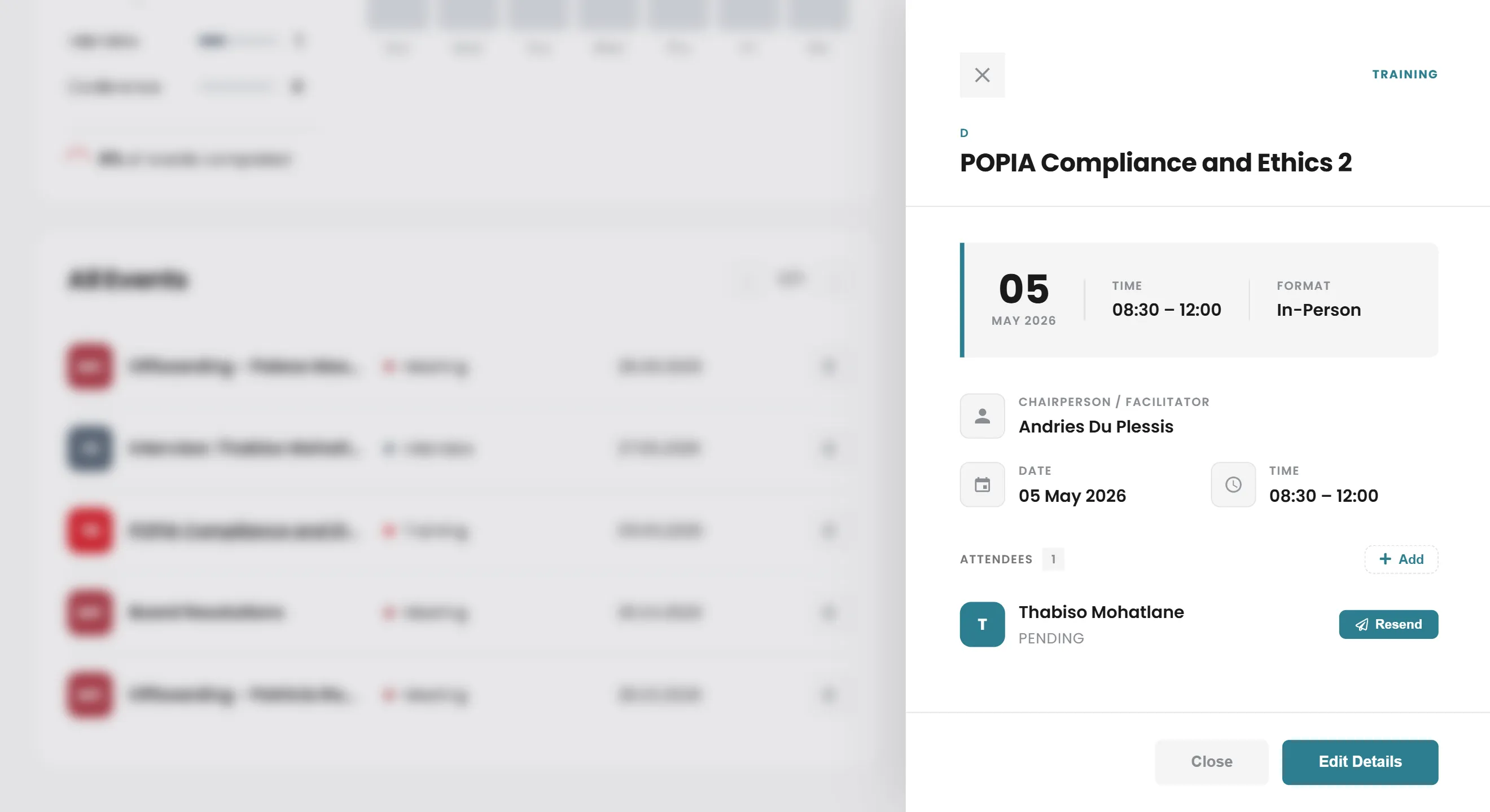 A POPIA compliance training event in ius.training, with facilitator and attendees