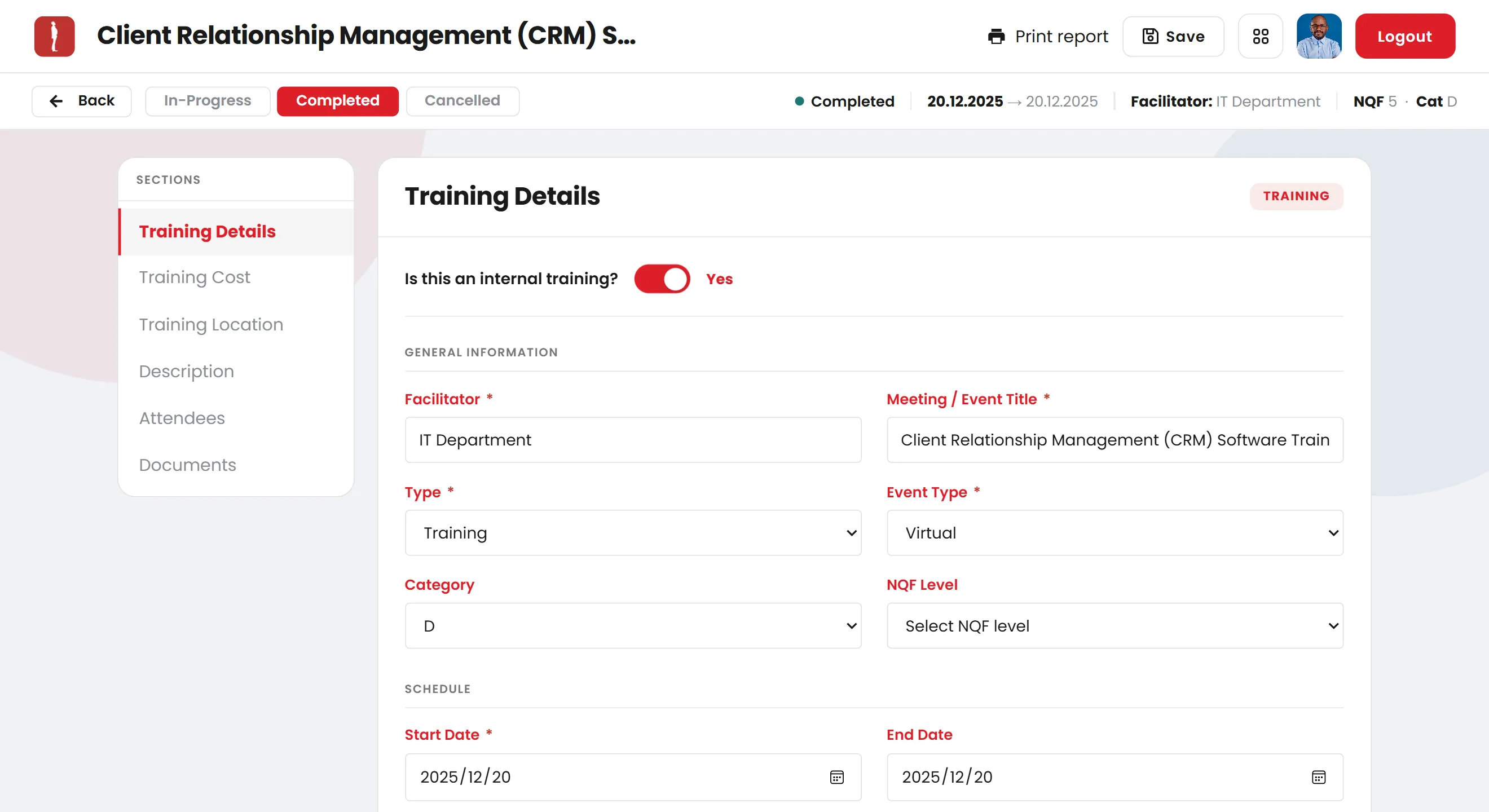 Training details in ius.training, including category and NQF level