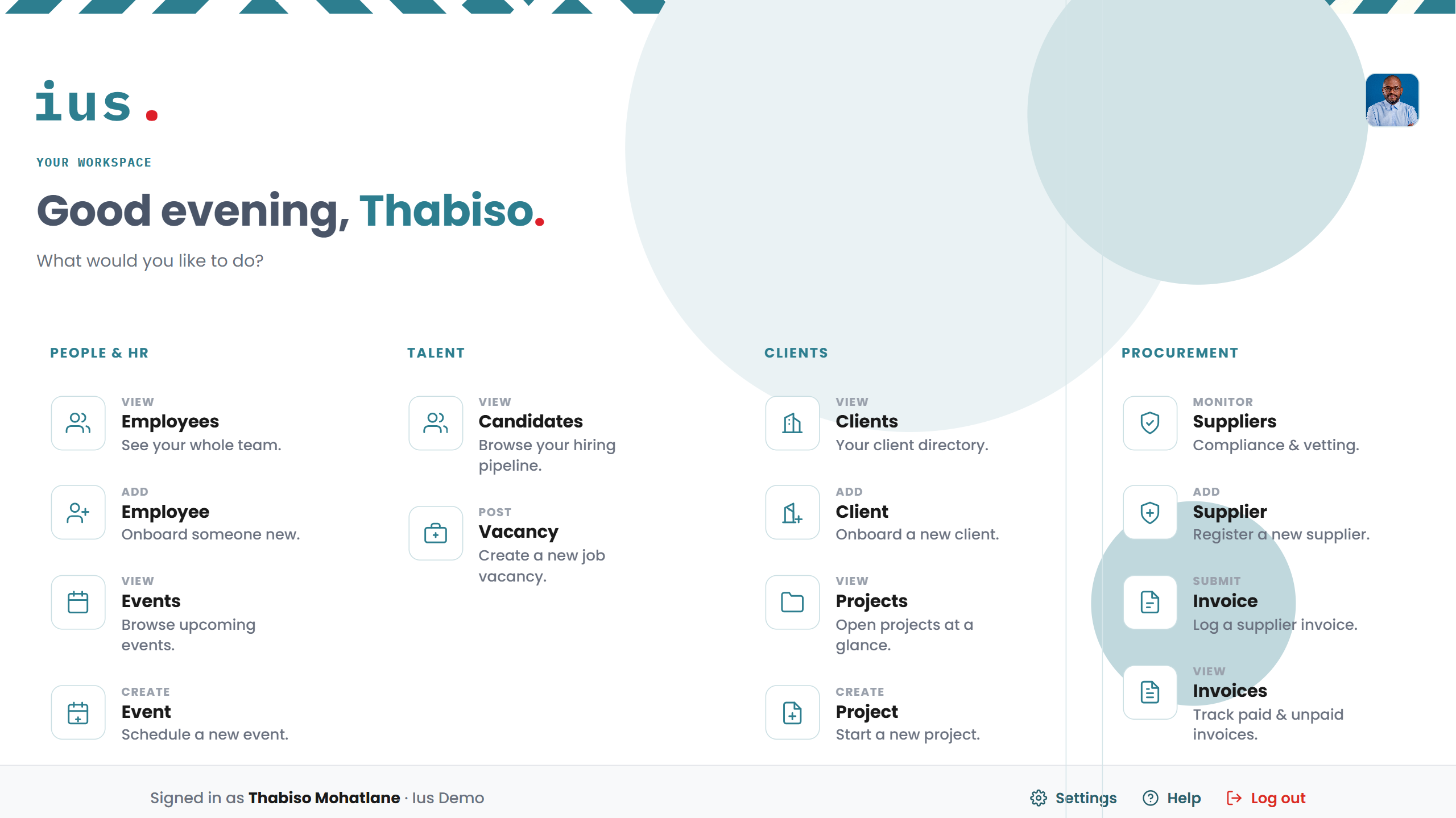 The ius. workspace home screen